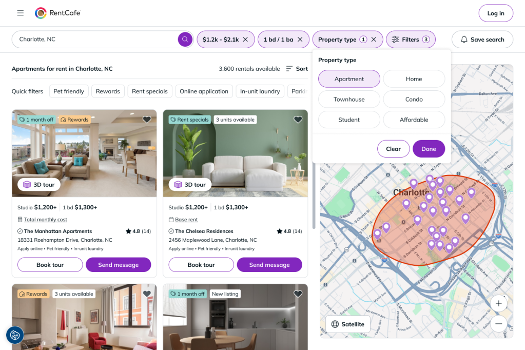 For the most relevant results, combine RentCafe's custom Draw map tool with search filters like price, bedrooms, pet-friendly options and amenities to narrow listings by both location and lifestyle.