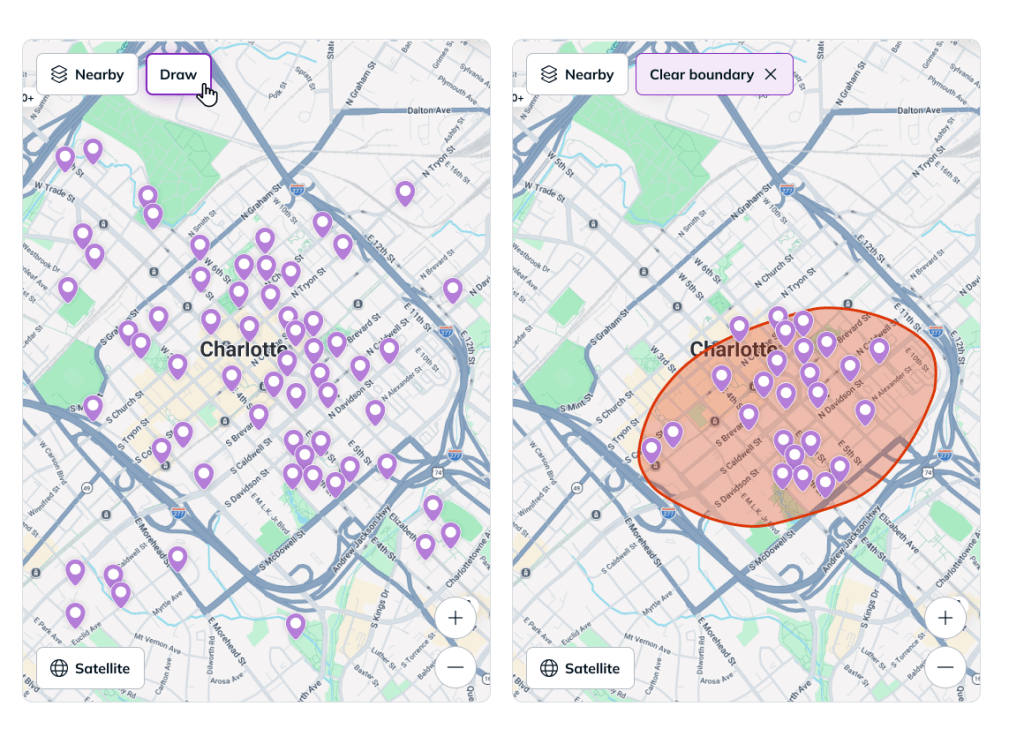 RentCafe's custom Draw map tool lets you draw your own search boundary on the apartment search map, showing only listings within the area you outline.