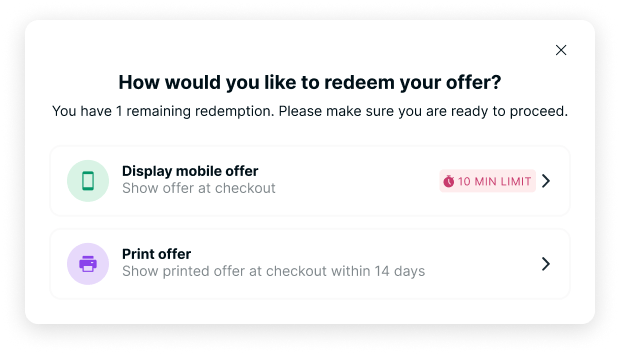 Pop-up in the RentCafe Rewards offer dashboard showing how to use an offer by choosing between displaying a mobile offer at checkout or printing it for later redemption.