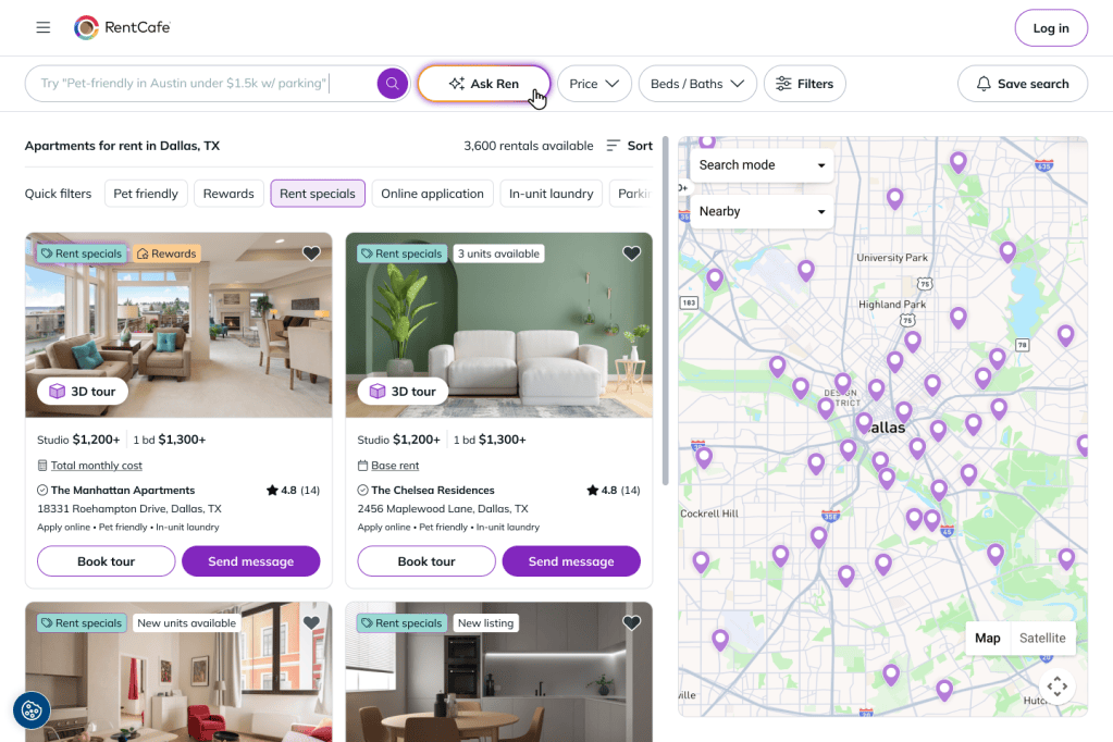 A screenshot of the apartment search results page on RentCafe, with the Ask Ren button highlighted.