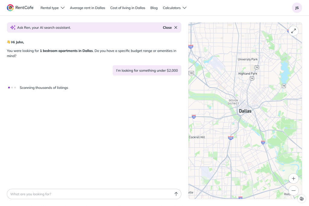 A screenshot of map view within a conversation with Ren on RentCafe.